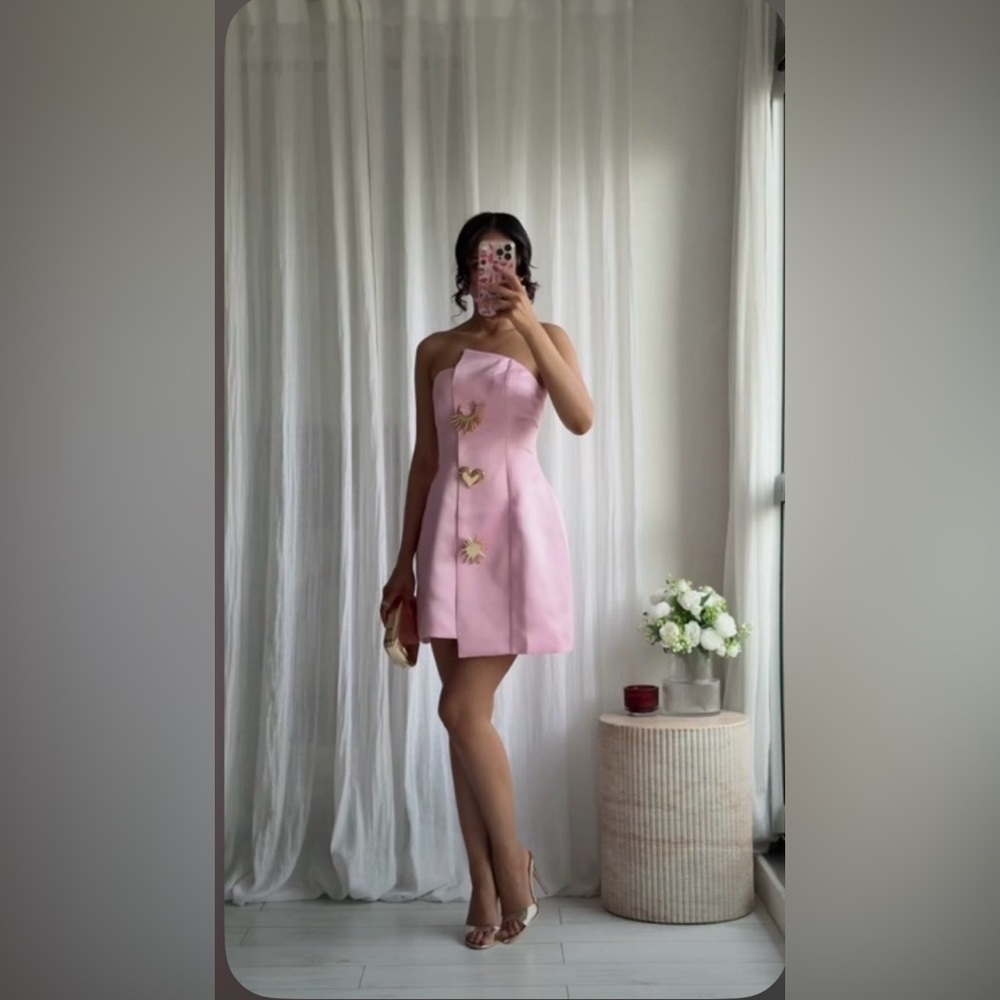 Nwt Commense pink Satin Asymmetrical Embellished Strapless Dress Barbiecore‎ - Picture 3 of 14